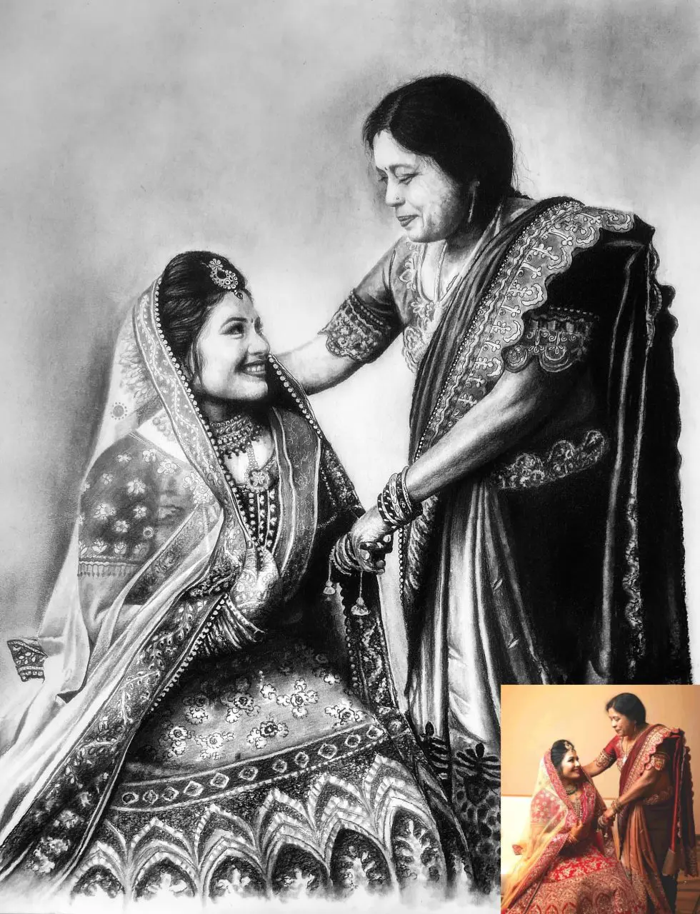 Mother daughter charcoal portrait Mother's Day Portrait