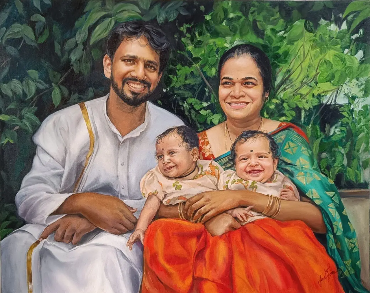 Parents and twins oil painting portrait