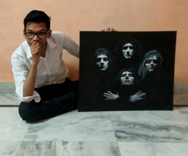 monstro with handmade acrylic portrait of queen music rock band