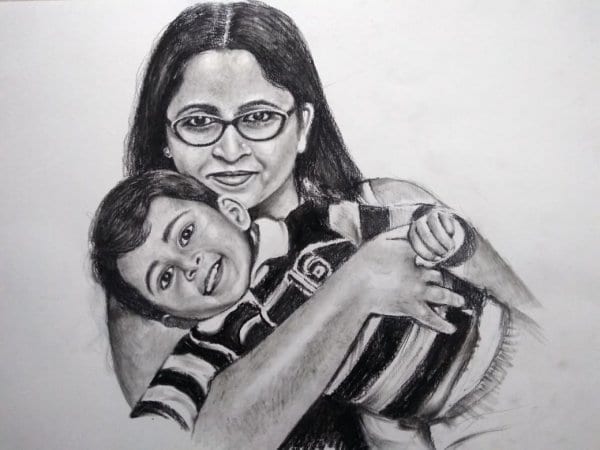 Mother and Son Charcoal Portrait by Koushik