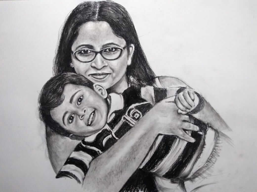 images Mom Sketch Black mother and son charcoal portrait by koushik