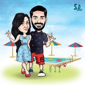 Pool Side Wedding Couple Caricature