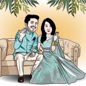 newly engaged couple caricature