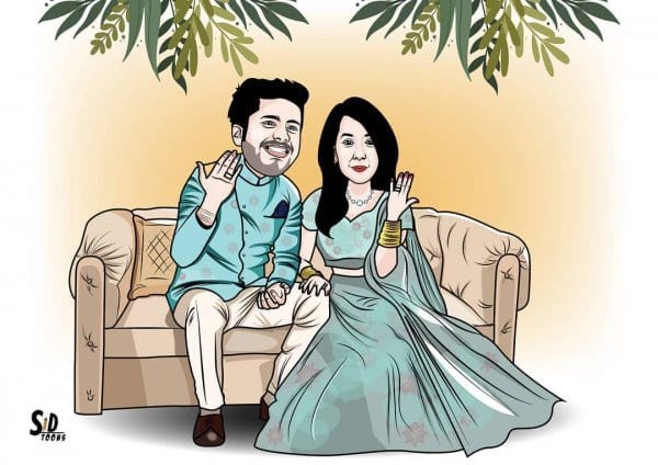 newly engaged couple caricature