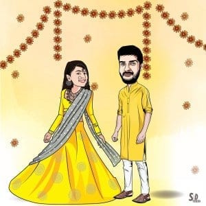 wedding haldi couple caricature