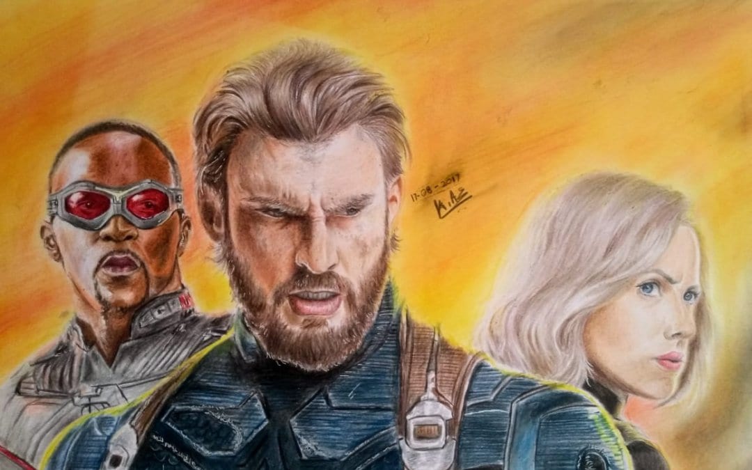 Black Widow, Captain America and Falcon Handmade Color Portrait by Kaustubh – Stoned Santa