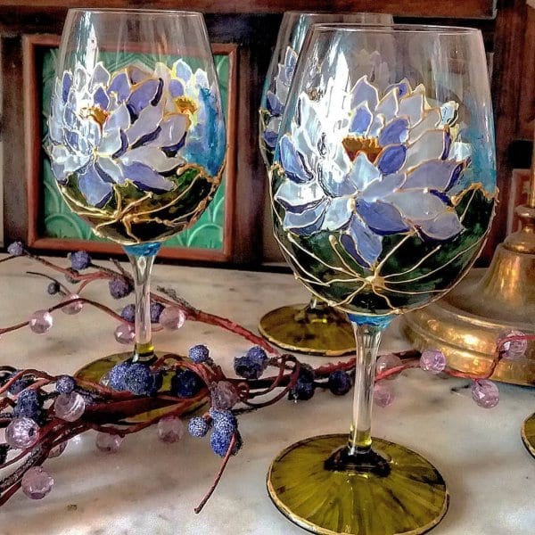 Hand Painted Lilac Water Lilies Wine Glasses