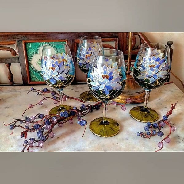 Hand Painted Lilac Water Lilies Wine Glasses
