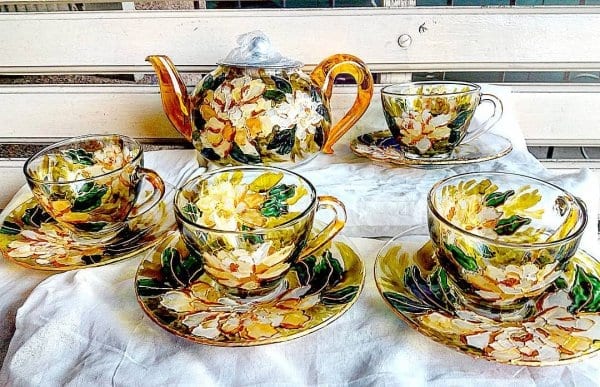 Hand Painted Yellow Peonies Tea Set