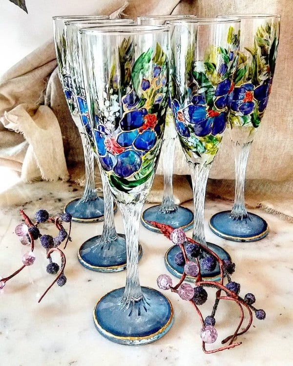 Blue Orchids Hand Painted Champagne Glasses