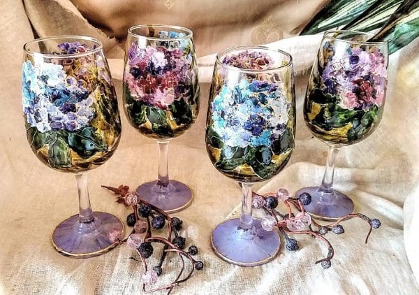 hand painted hydrangea blooms wine glasses