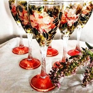 salmon peonies painted wine glass