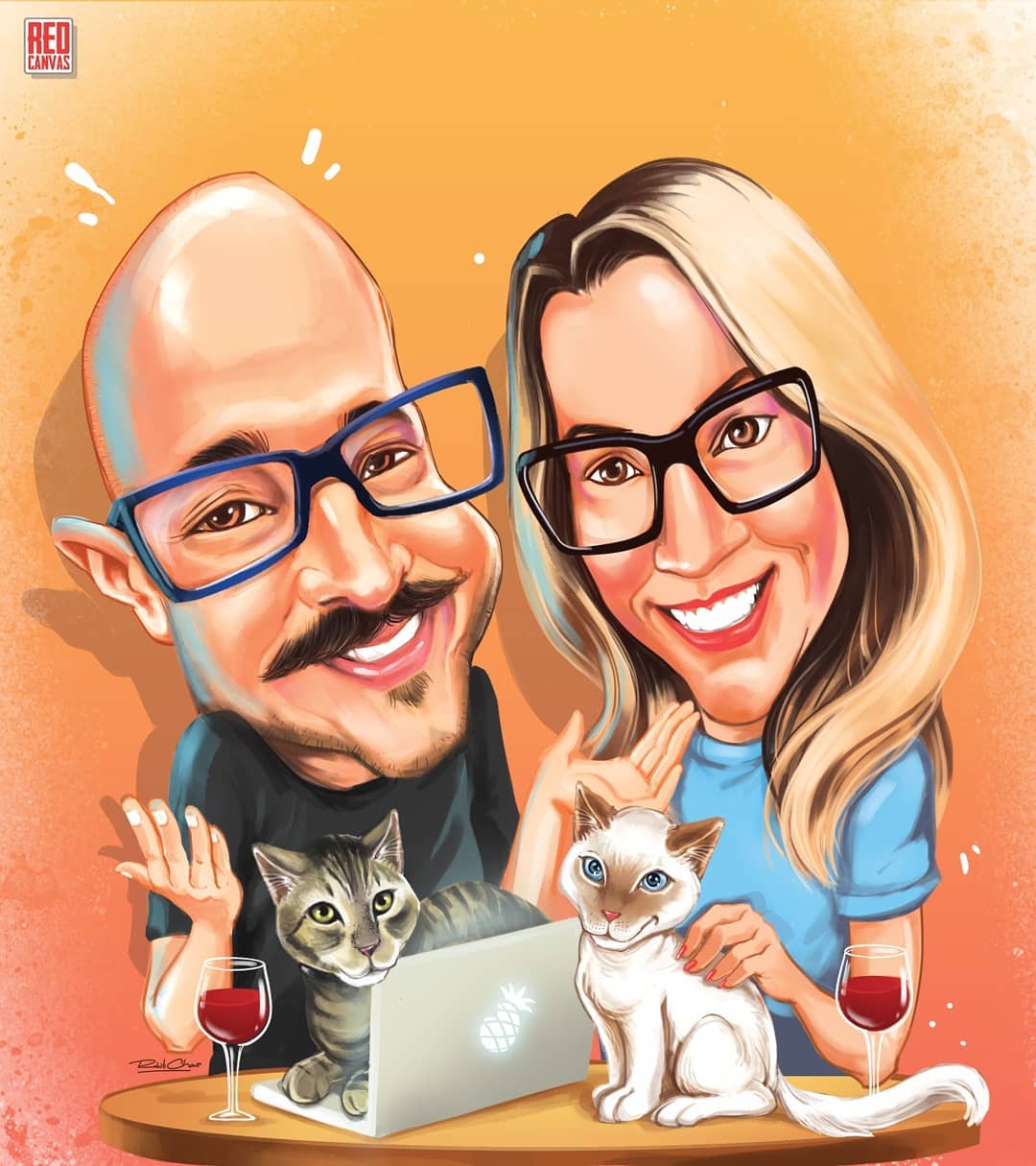 Couple digital Caricature with pet