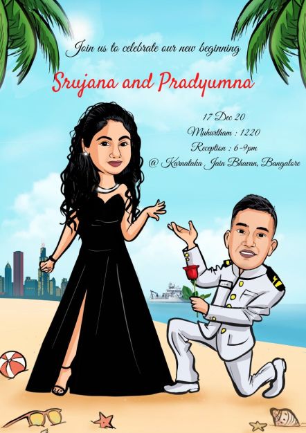 beach themed caricature wedding