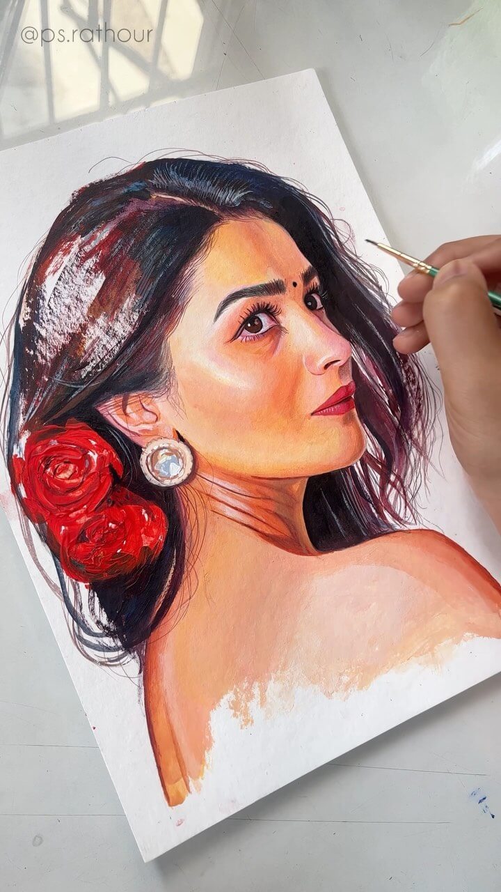 Watercolour portrait of Alia Bhatt by P.S. Rathour