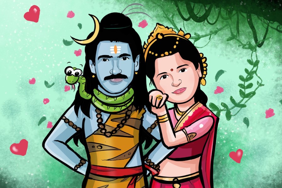 The Indian mythology and epic themed couple caricature art
