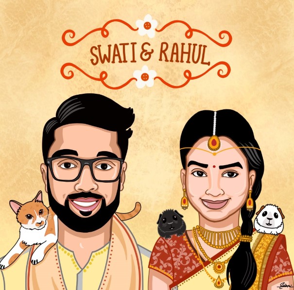The animal lovers themed couple caricature art