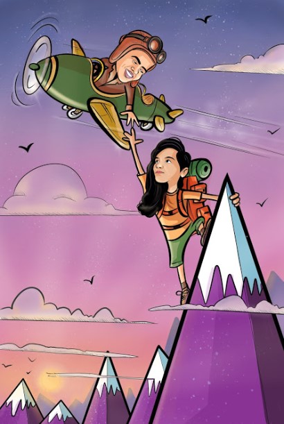 The risk taker and adventure themed couple caricature art