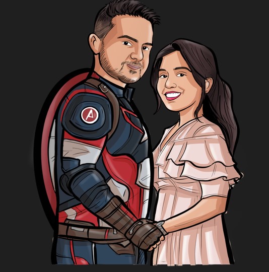 The superhero themed couple caricature art