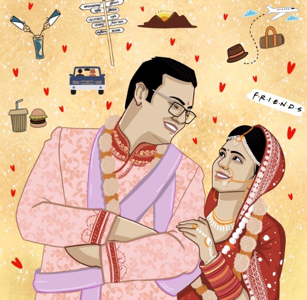 The wedding couple and invitation themed couple caricature art
